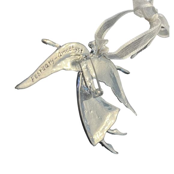 Birthstone Pewter Angel BROOCH PIN Ornament 3" Pendant February Amethyst Crystal - Picture 4 of 6